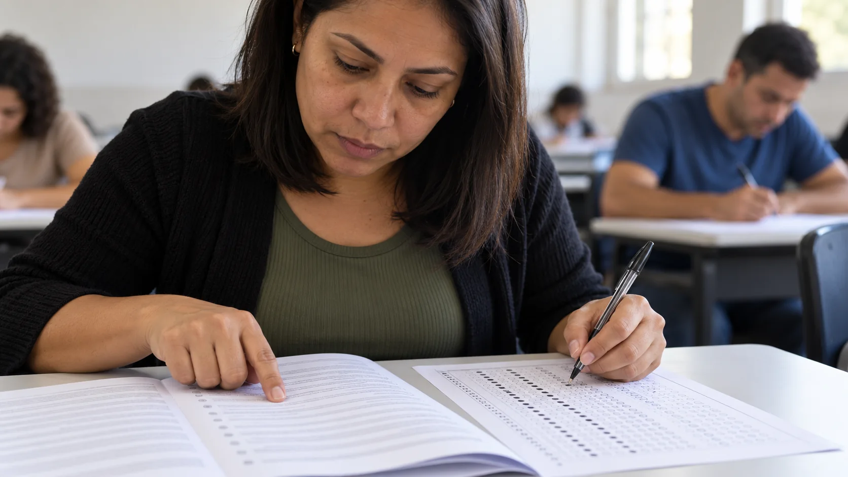 Candidata confere o caderno de questões enquanto preenche o cartão-resposta