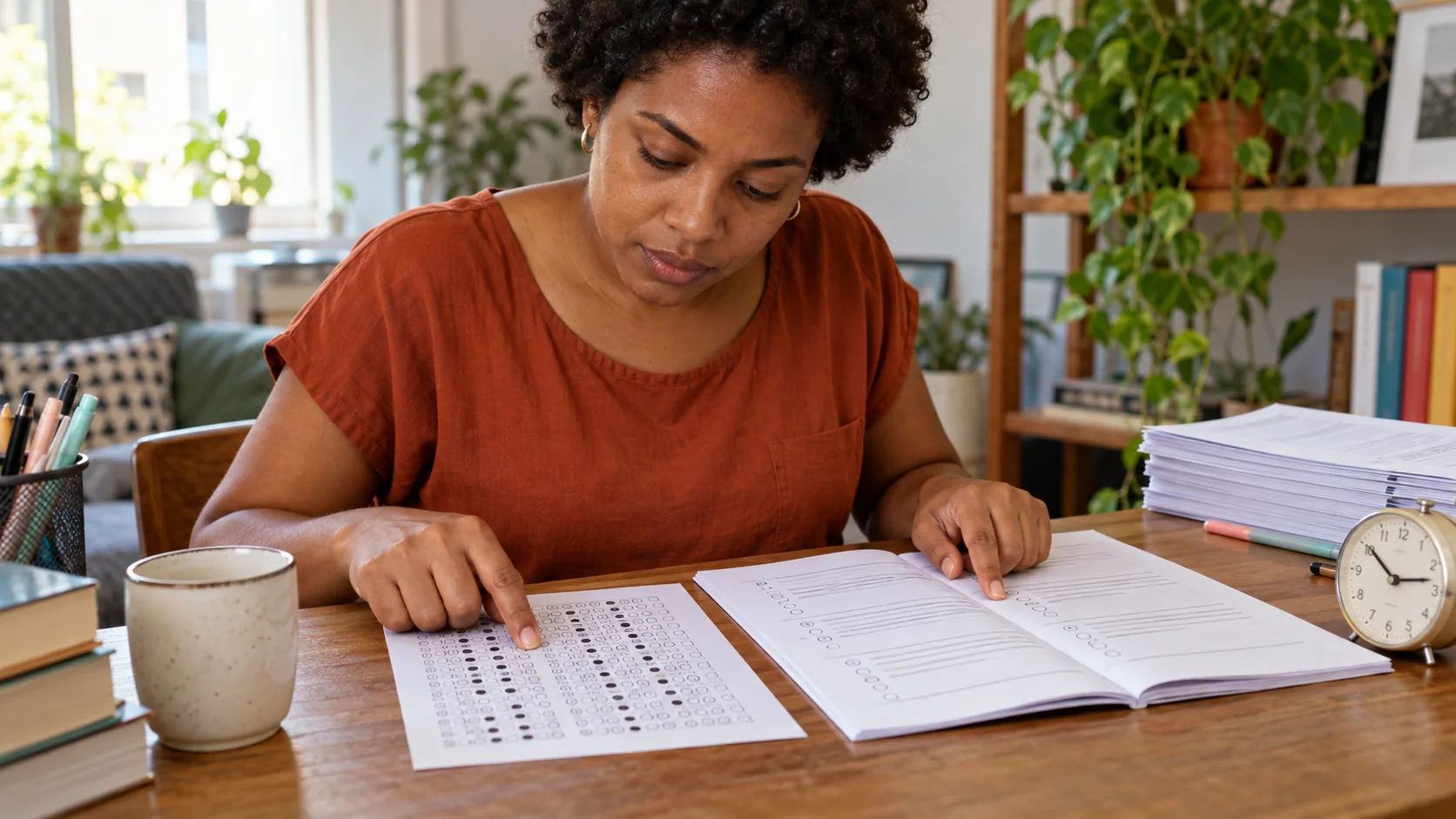 Estudante compara as marcações de um cartão de treino com o caderno de questões