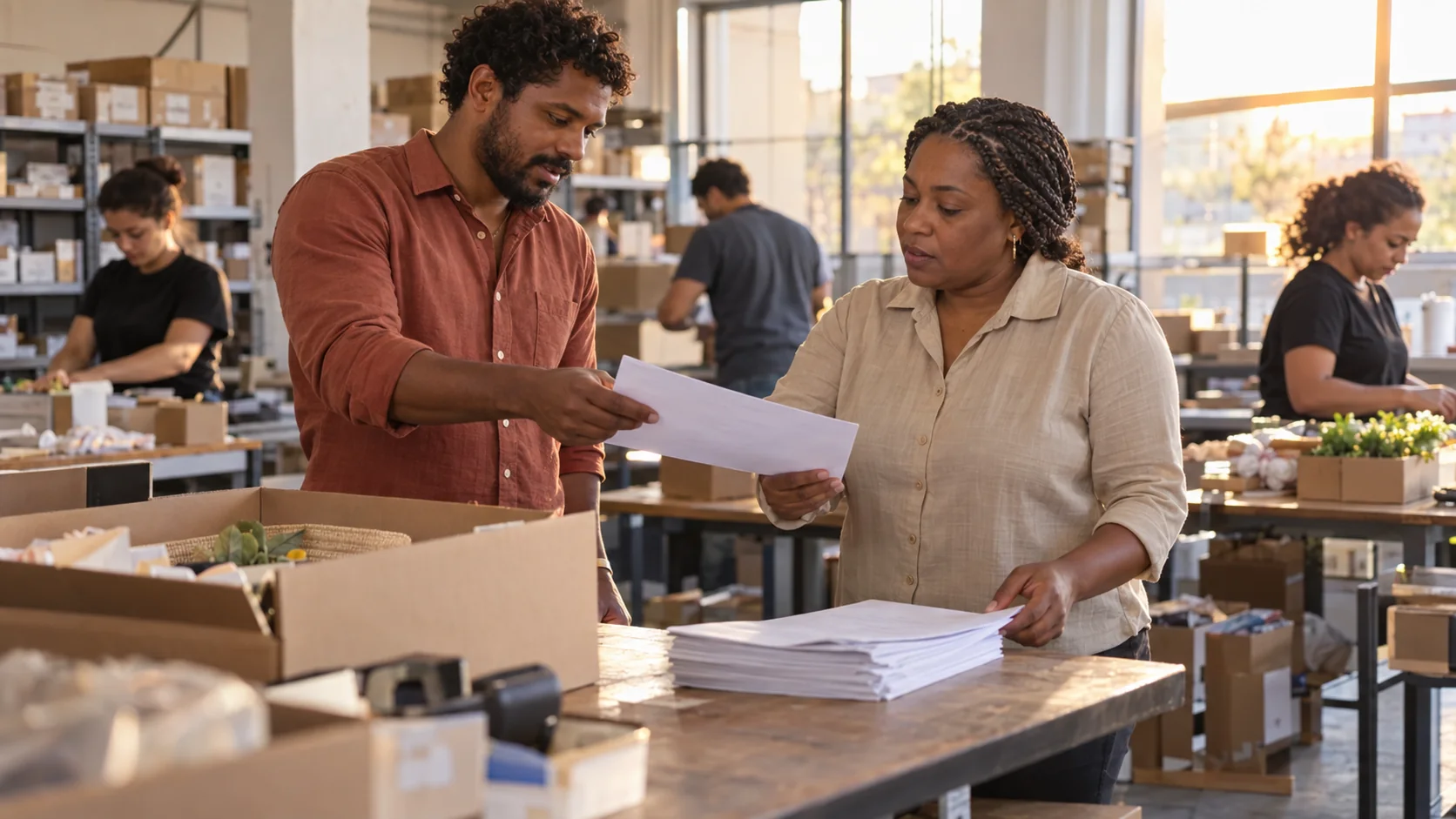 Colegas substituem uma ficha antiga por uma versão corrigida na bancada de trabalho