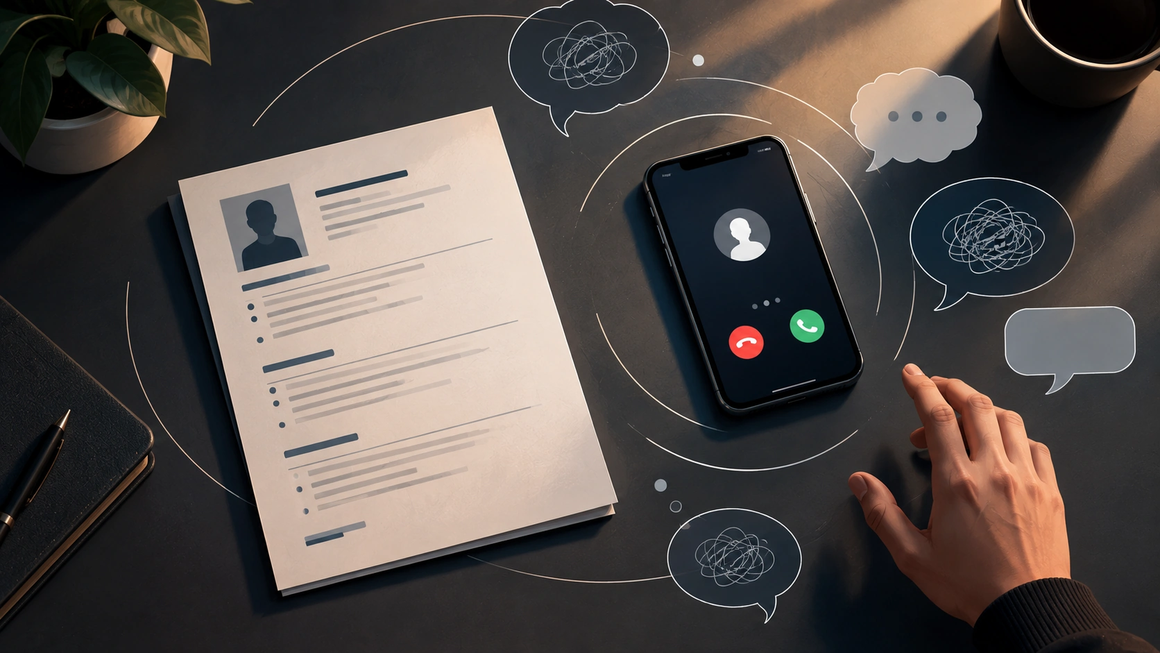 Currículo e telefone representam a hesitação diante de uma oportunidade profissional