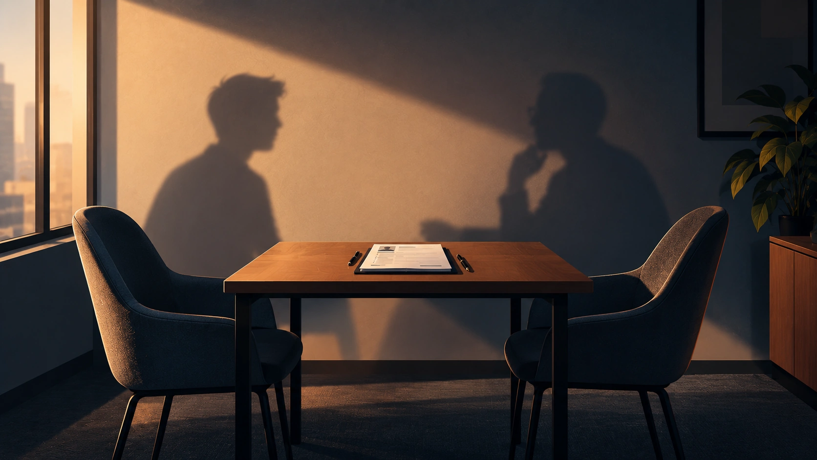 Cadeiras e sombras representam o momento de uma entrevista de emprego