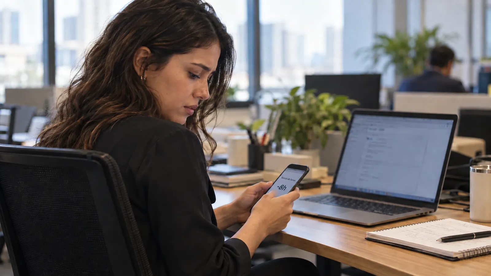 Banco de horas negativo exibido no celular de uma trabalhadora