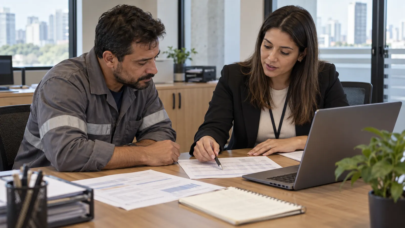 Trabalhador e profissional de RH conferindo registros do banco de horas