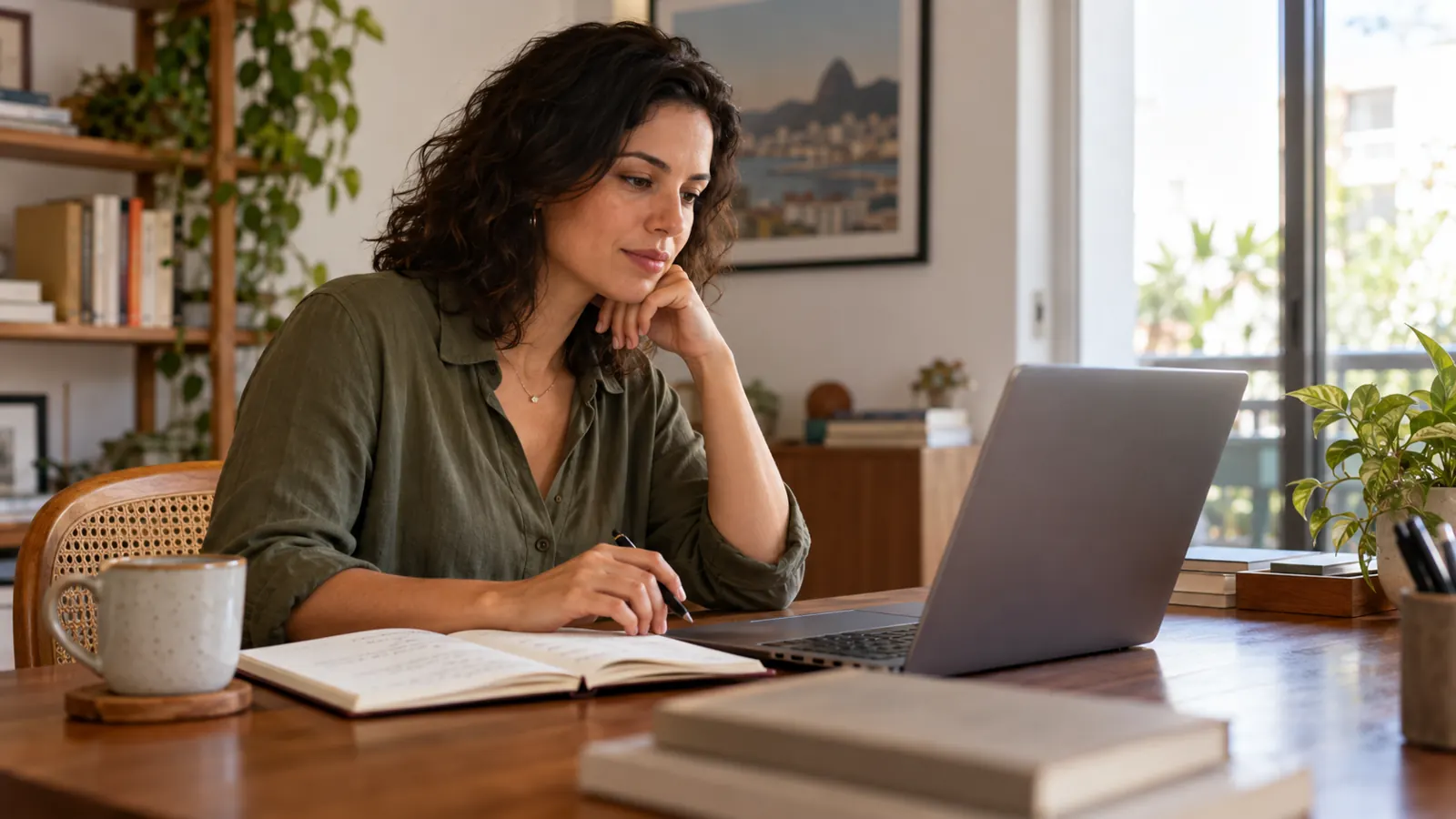 Mulher analisando anotações e informações no notebook para escolher referências profissionais