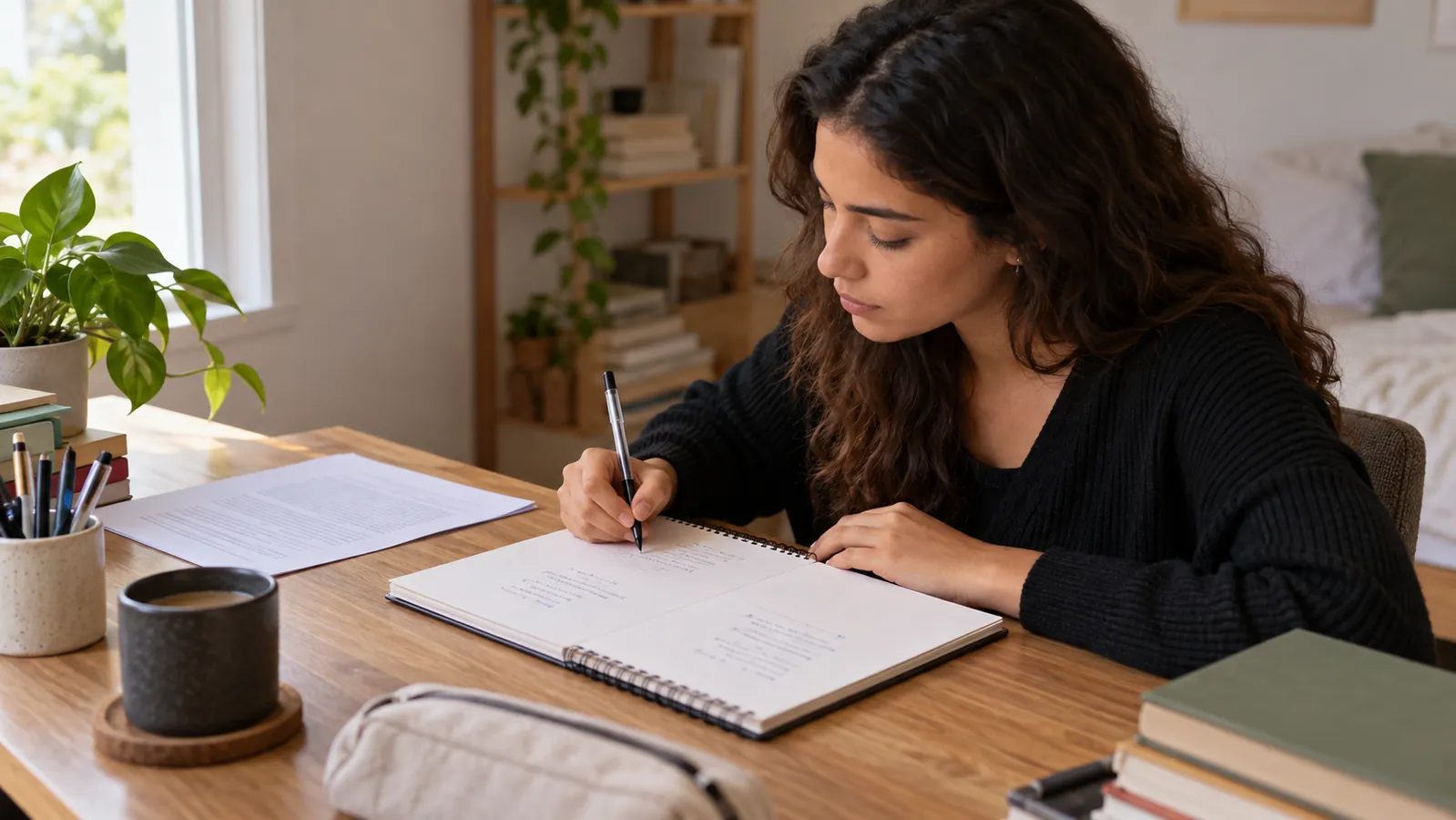 Candidata prepara anotações curtas no caderno enquanto consulta uma questão