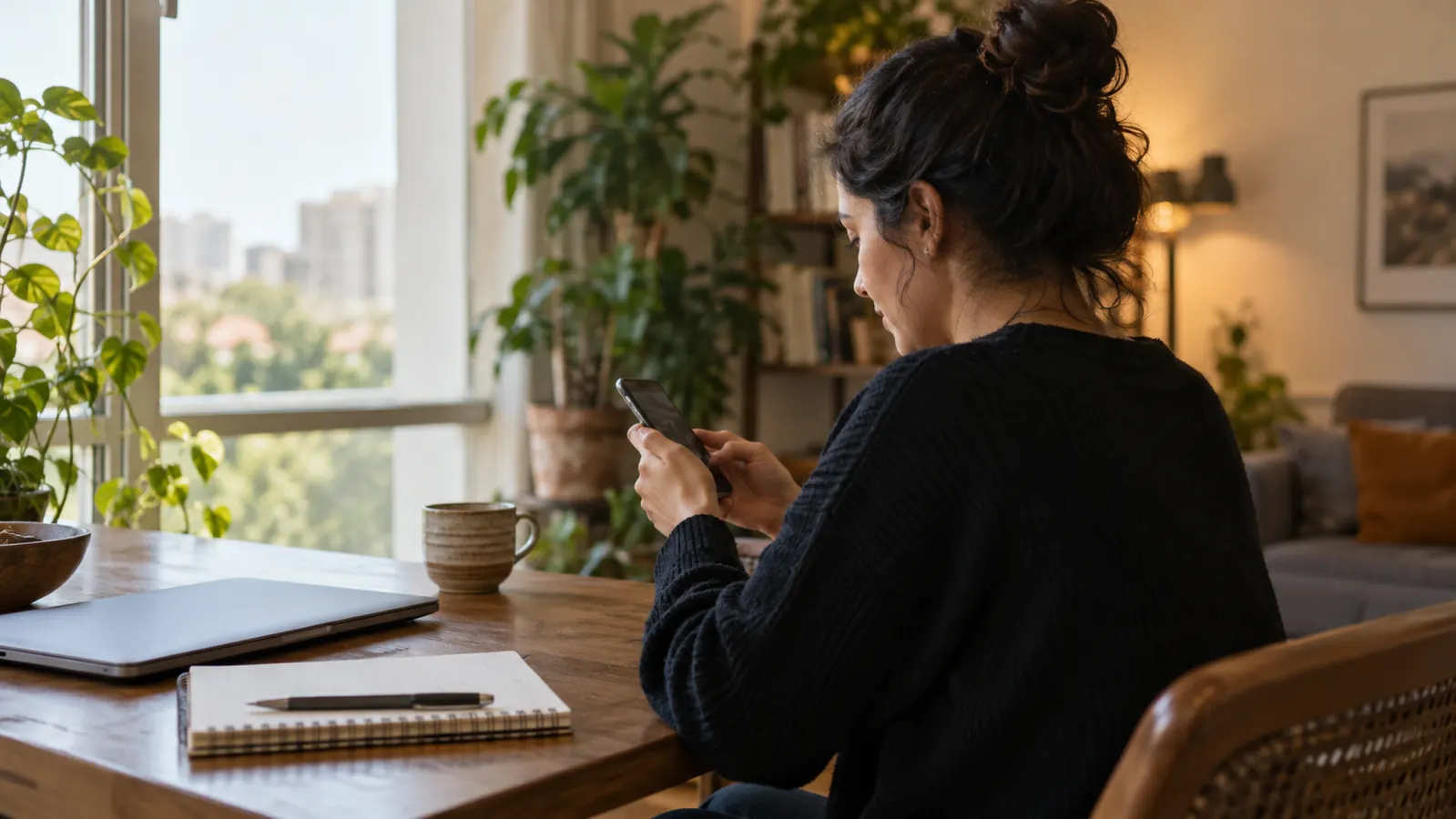 Mulher escrevendo uma mensagem no celular junto a uma mesa com notebook e caderno