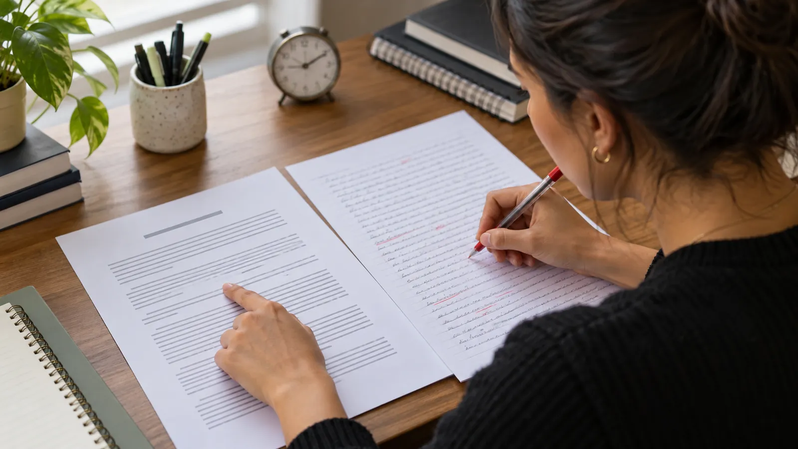 Candidata compara o enunciado com a resposta manuscrita e faz uma correção