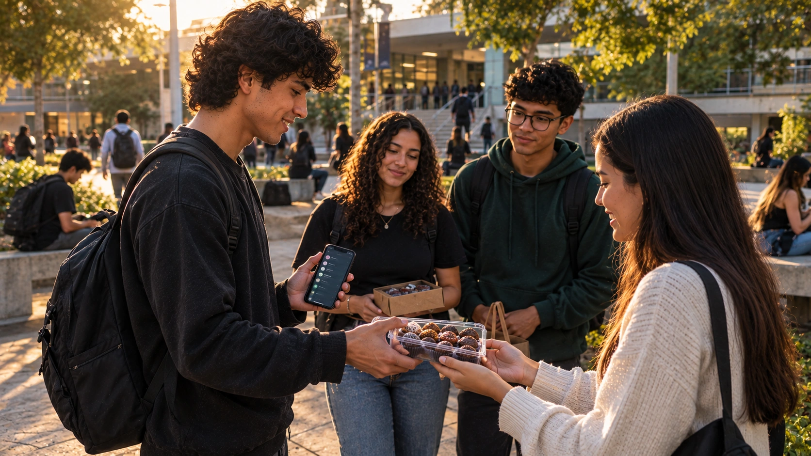 Estudante entrega uma encomenda de brigadeiros para uma colega na faculdade