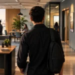 Profissional recém-contratado chegando ao primeiro dia de trabalho